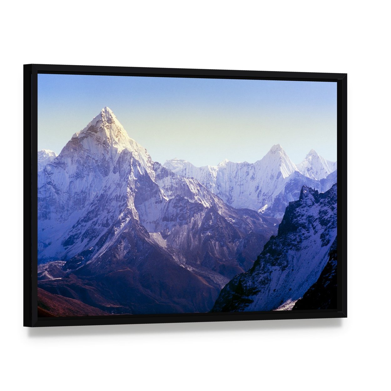 Majestic Mount Everest in Daylight Canvas Wall Art, framed canvas in a black floater frame, angled product view