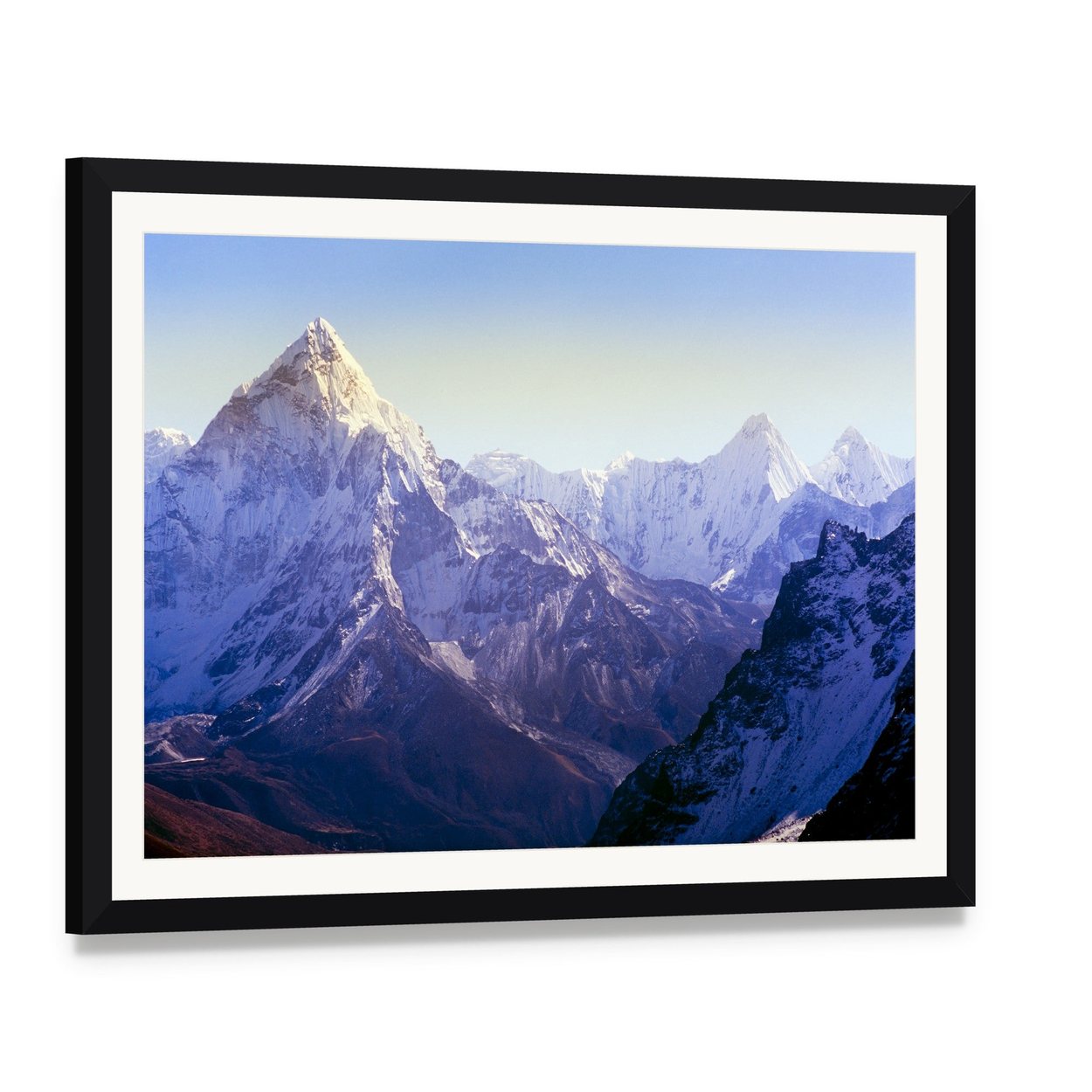 Majestic Mount Everest in Daylight Canvas Wall Art, framed print with white mat and black frame, angled product view