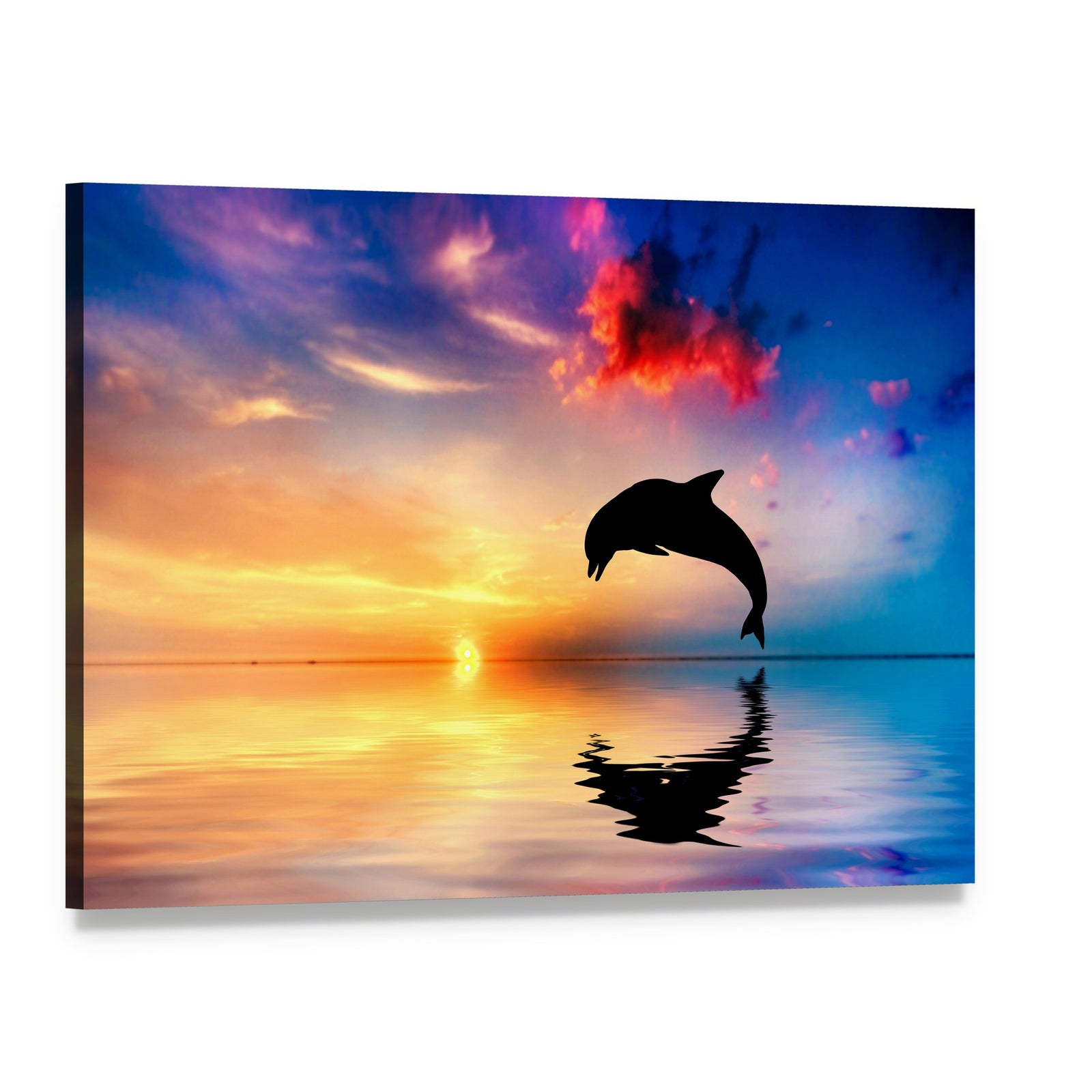 Silhouette of Jumping Dolphin Canvas Wall Art, single panel gallery wrapped canvas, angled product view