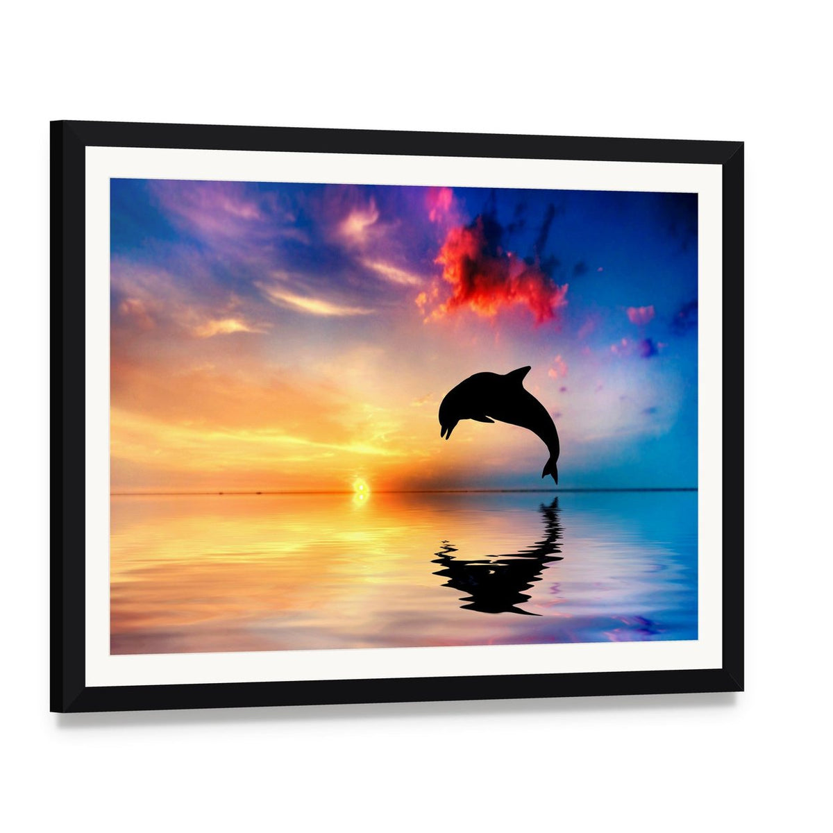 Silhouette of Jumping Dolphin Canvas Wall Art, framed print with white mat and black frame, angled product view