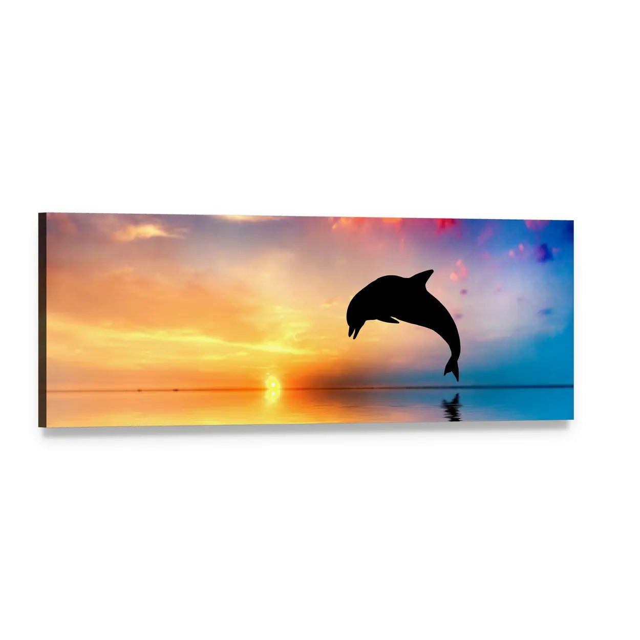 Jumping Dolphin at Sunset Panoramic Canvas Wall Art, single panel gallery wrapped canvas, angled product view