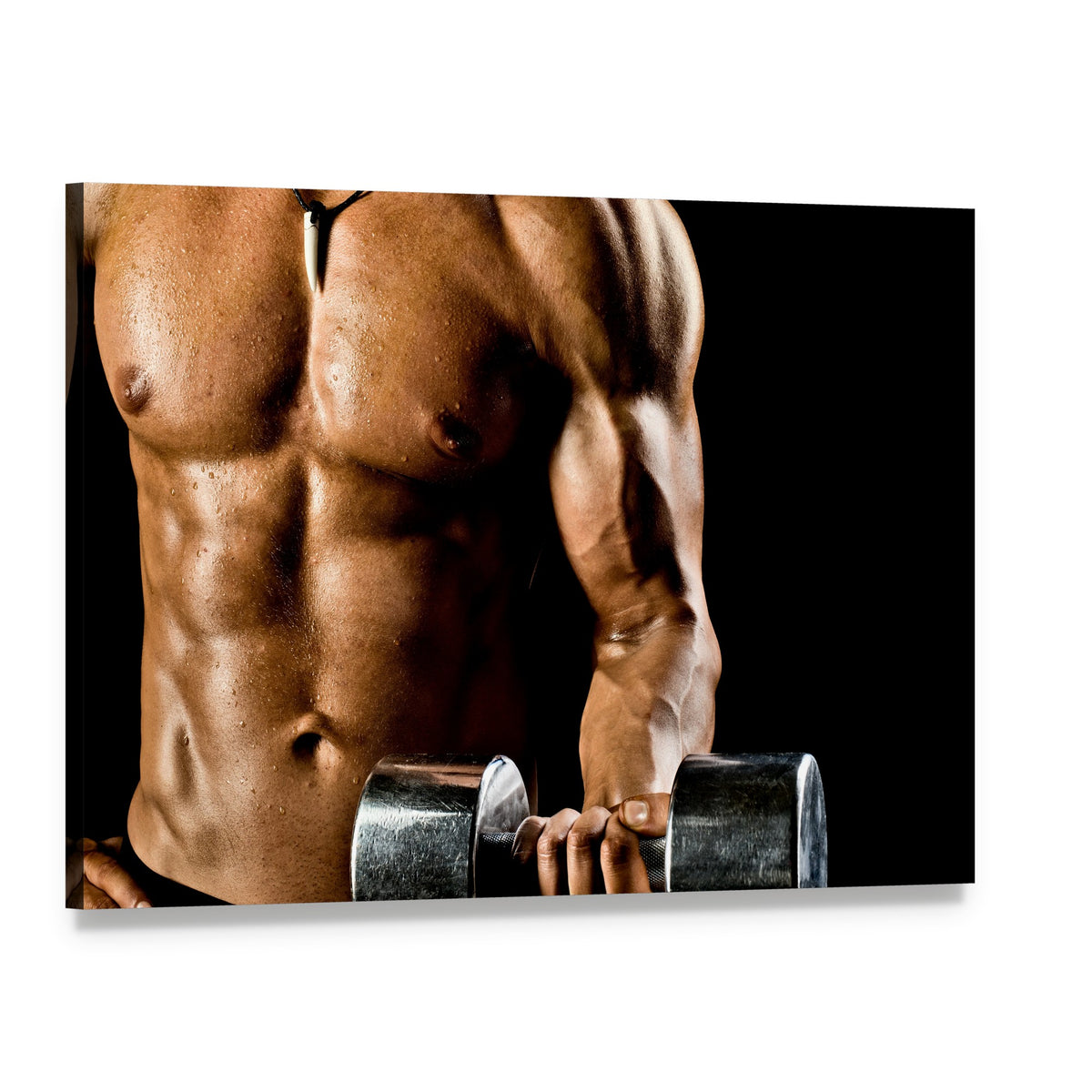 Close-up of Bodybuilder with Dumbbells Canvas Wall Art, single panel gallery wrapped canvas, angled product view