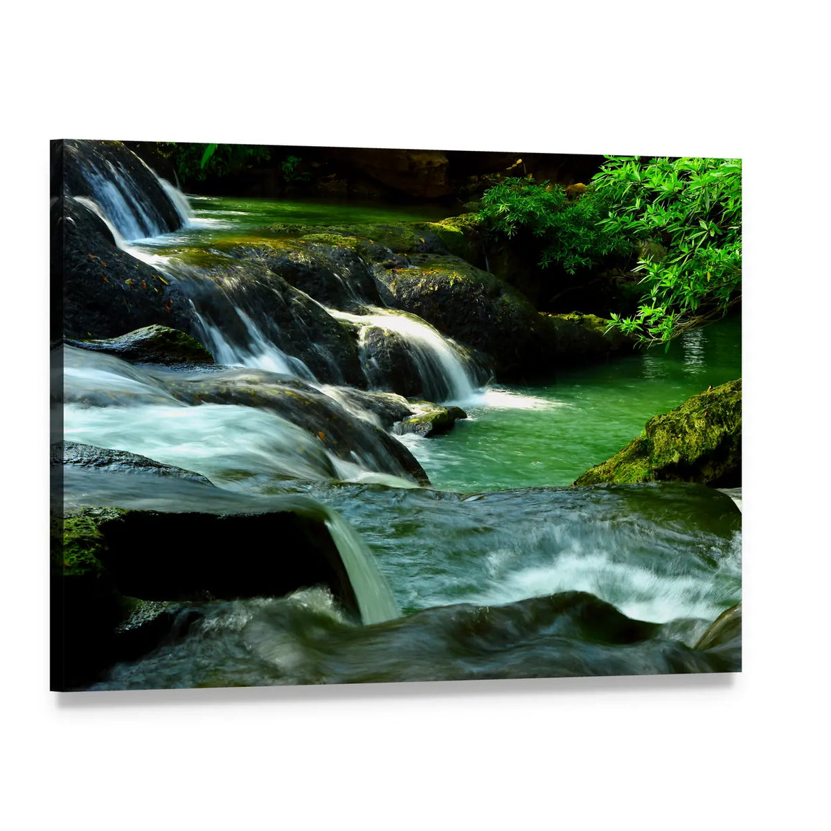 Forest Waterfall and Rocky Stream Canvas Wall Art, single panel gallery wrapped canvas, angled product view