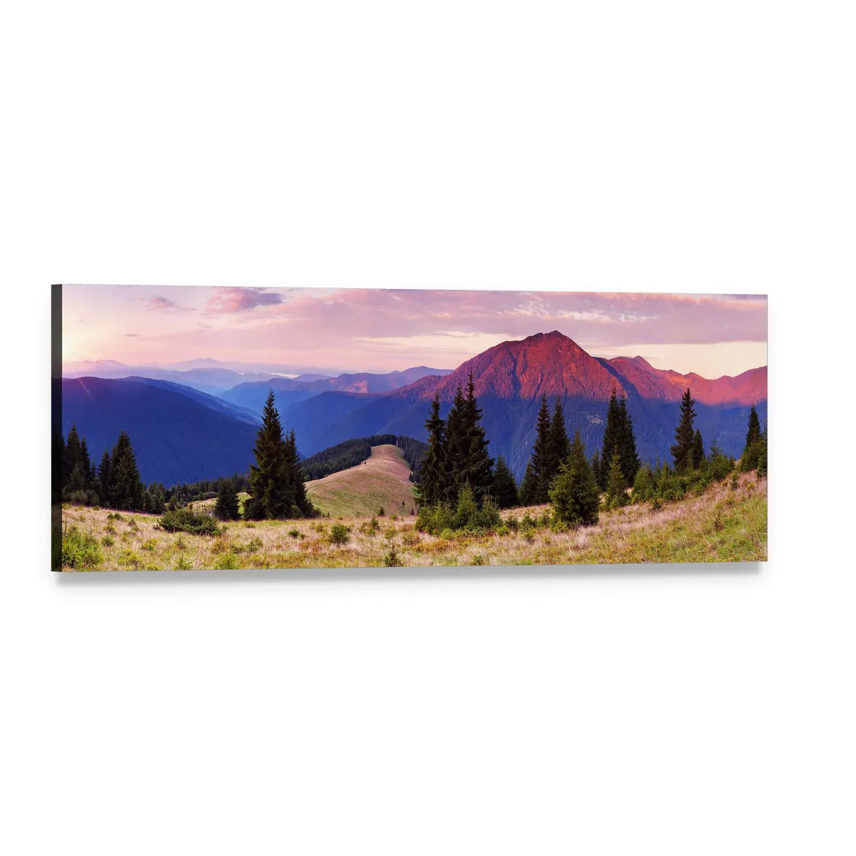 Glowing Mountain Valley at Dawn Panoramic Canvas Wall Art, single panel gallery wrapped canvas, angled product view