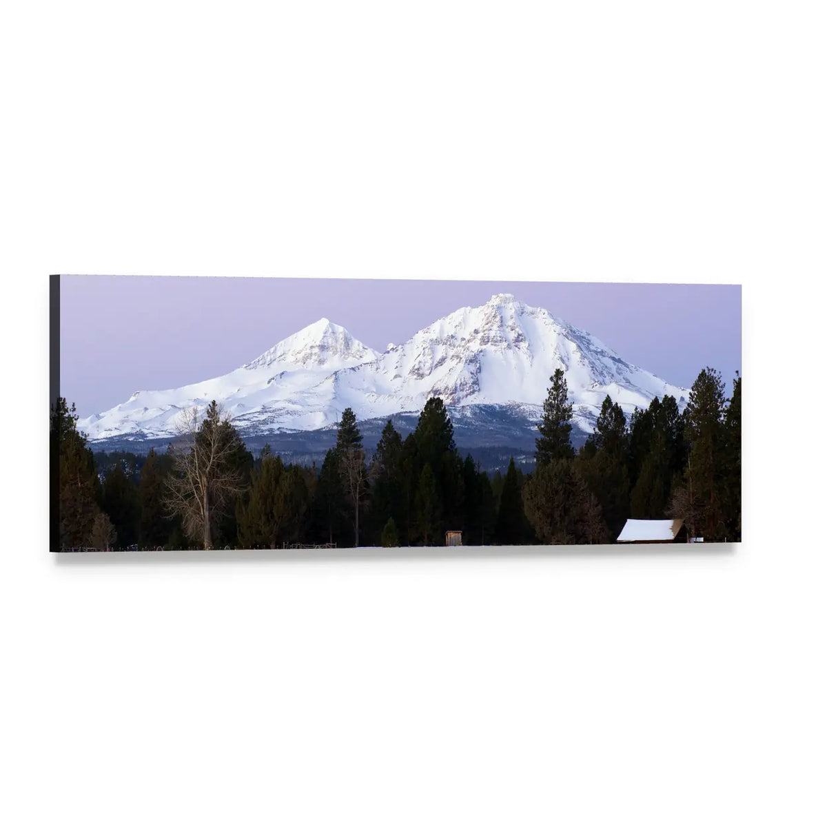 Three Sisters Mountains in Winter Panoramic Canvas Wall Art, single panel gallery wrapped canvas, angled product view