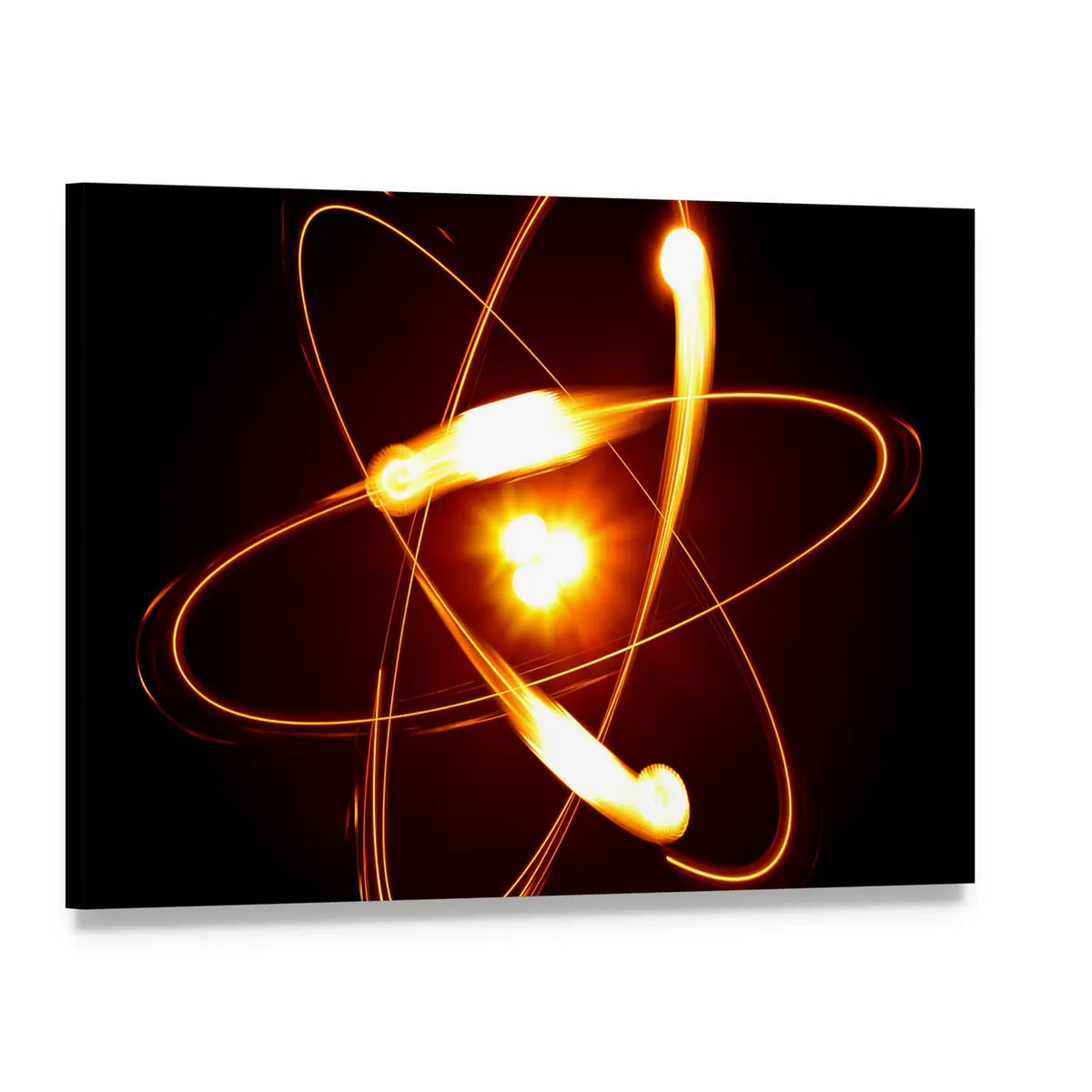 Glowing Atom Model with Orbital Paths Canvas Wall Art, single panel gallery wrapped canvas, angled product view