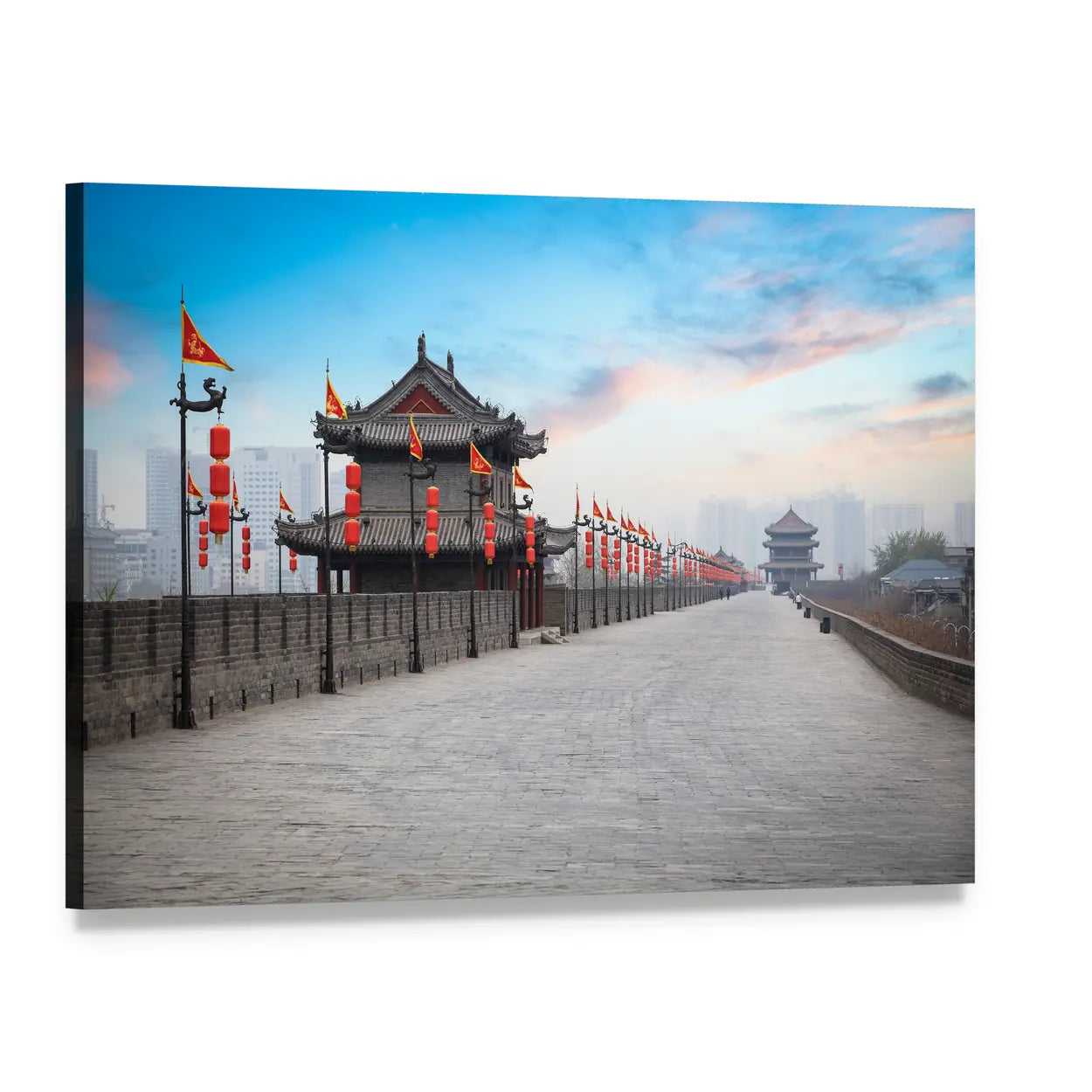 Ancient City Gate with Red Lanterns Canvas Wall Art, single panel gallery wrapped canvas, angled product view