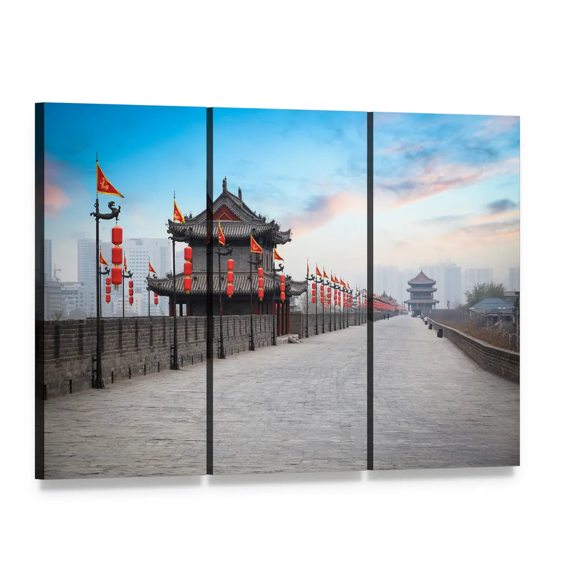 Ancient City Gate with Red Lanterns Canvas Wall Art, 3 panel 3 Horizontal layout gallery wrapped canvas set, angled product view