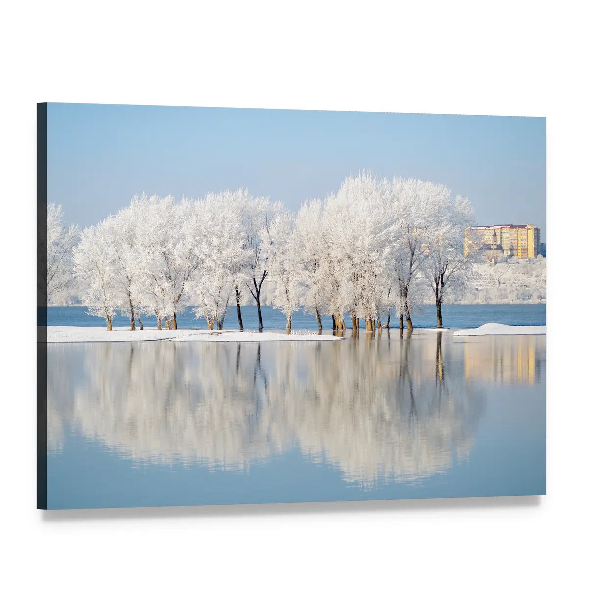 Winter Landscape by the River Canvas Wall Art, single panel gallery wrapped canvas, angled product view