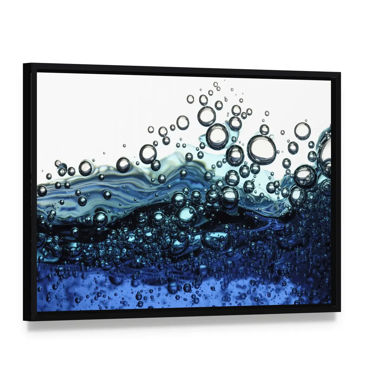 Surface Bubbles in Blue Water Canvas Wall Art, framed canvas in a black floater frame, angled product view