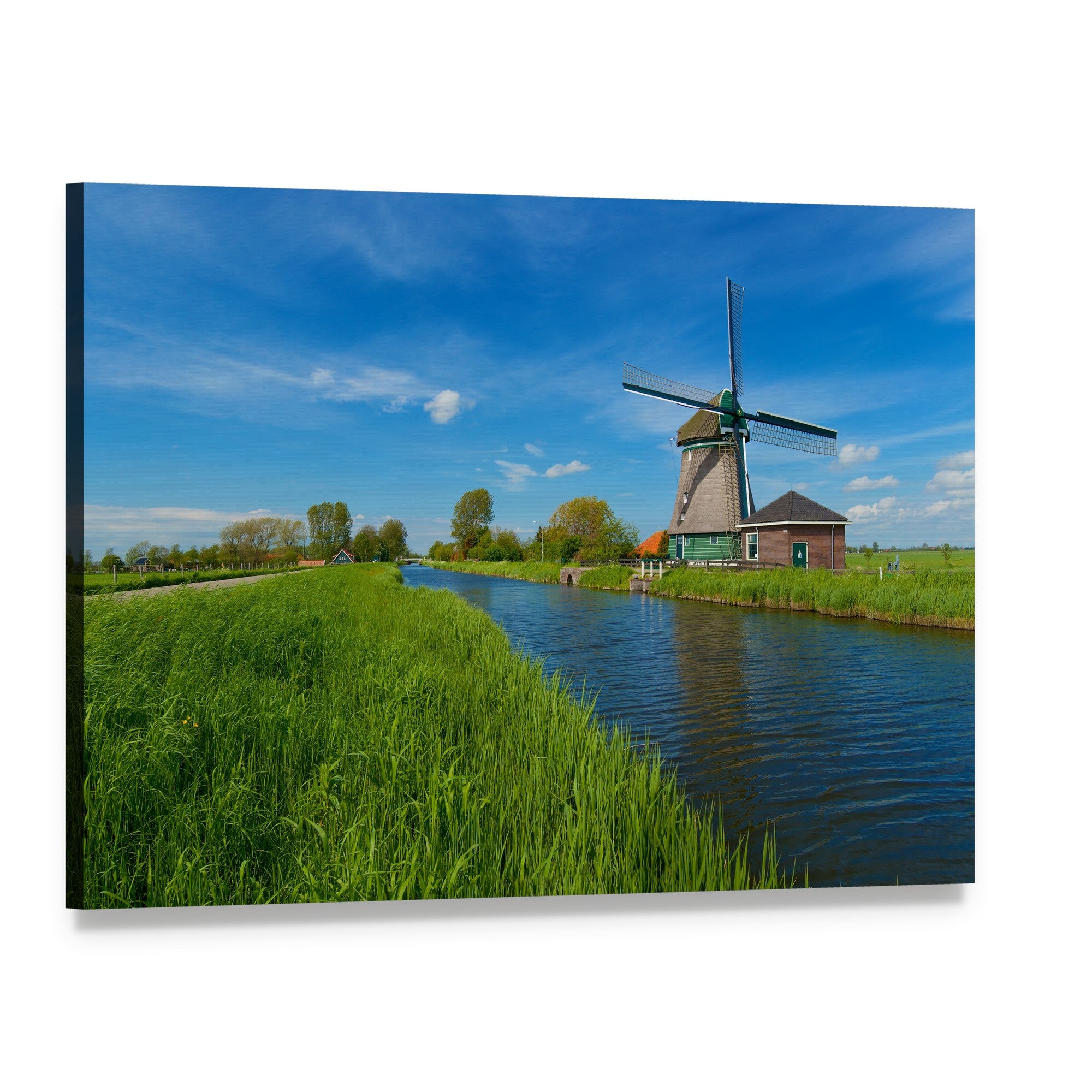 Dutch Windmill by Tranquil Canal Canvas Wall Art, single panel gallery wrapped canvas, angled product view