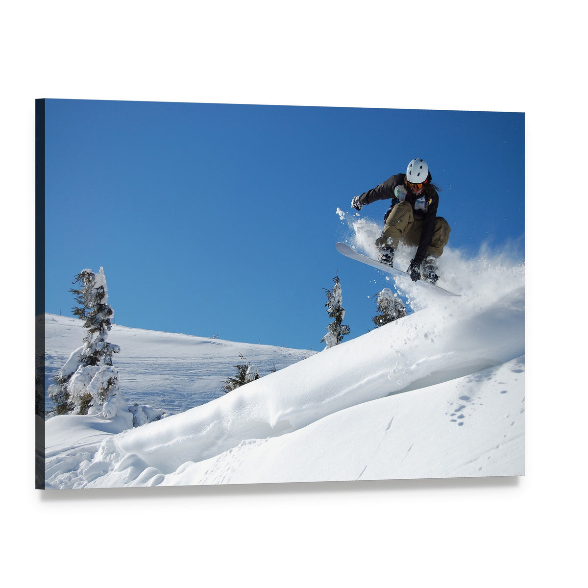 Snowboarder Jumping Motion Canvas Wall Art, single panel gallery wrapped canvas, angled product view