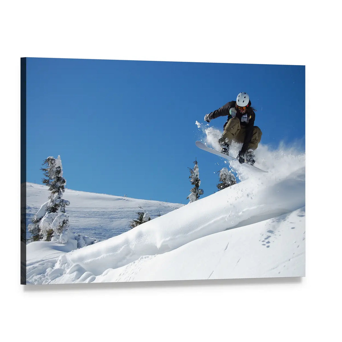 Snowboarder Mid-jump Against Blue Sky Canvas Wall Art, single panel gallery wrapped canvas, angled product view