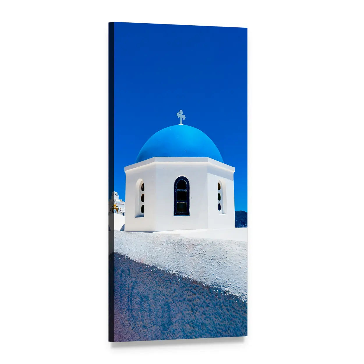 Santorini Blue Dome Church Vertical Canvas Wall Art, 1 panel 1 Vertical layout gallery wrapped canvas set, angled product view