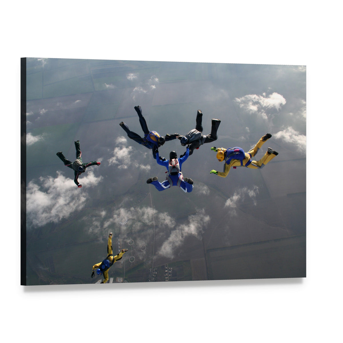 Skydivers in Formation Canvas Wall Art, single panel gallery wrapped canvas, angled product view