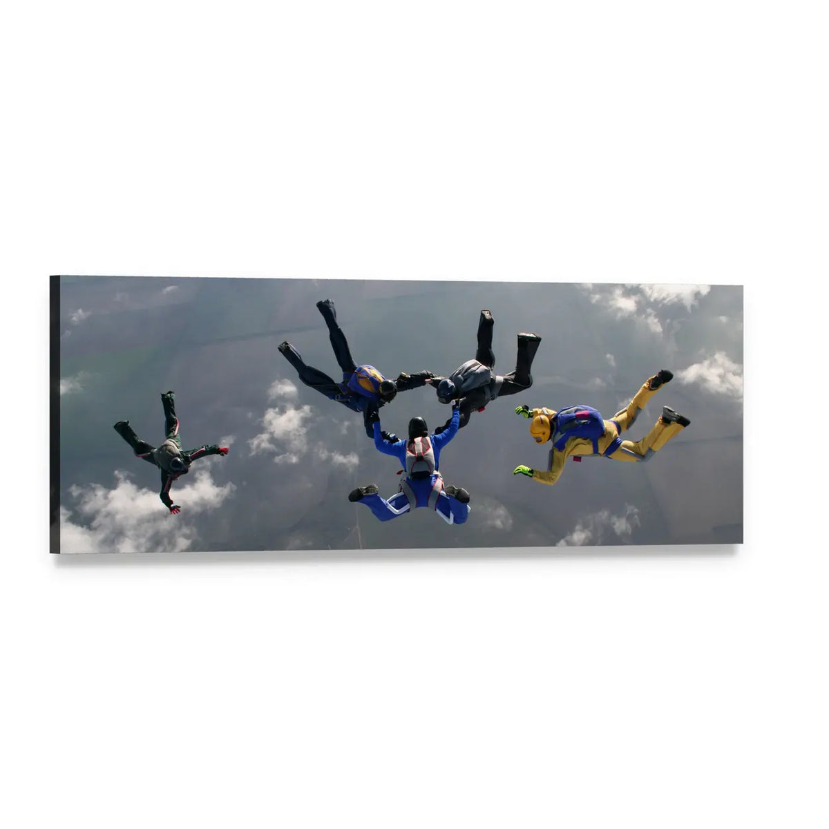 Five Skydivers in Formation Panoramic Canvas Wall Art, single panel gallery wrapped canvas, angled product view