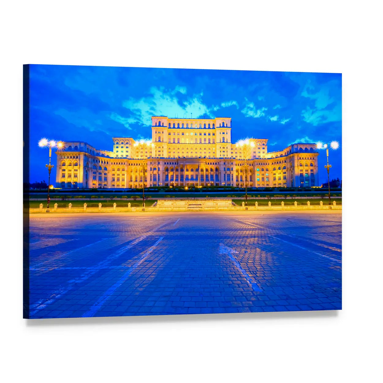 Palace of the Parliament, Bucharest Canvas Wall Art, single panel gallery wrapped canvas, angled product view