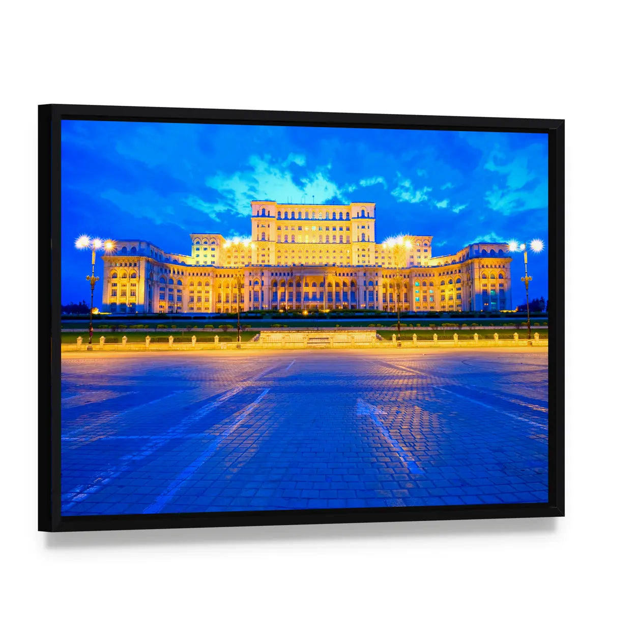 Palace of the Parliament, Bucharest Canvas Wall Art, framed canvas in a black floater frame, angled product view