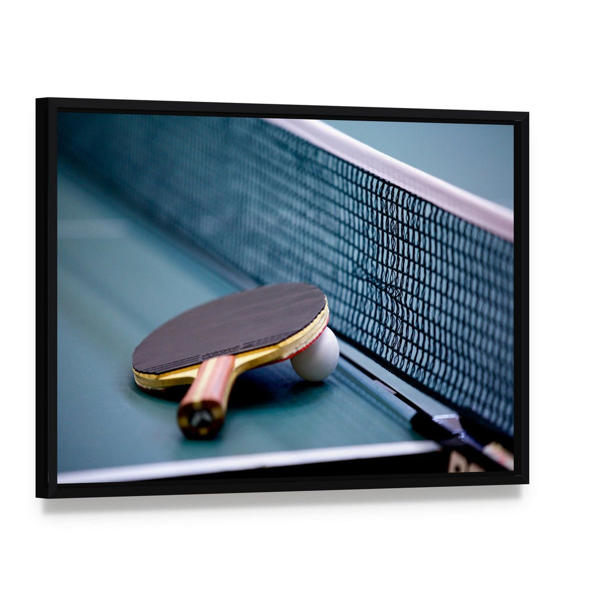 Table Tennis Canvas Wall Art, framed canvas in a black floater frame, angled product view