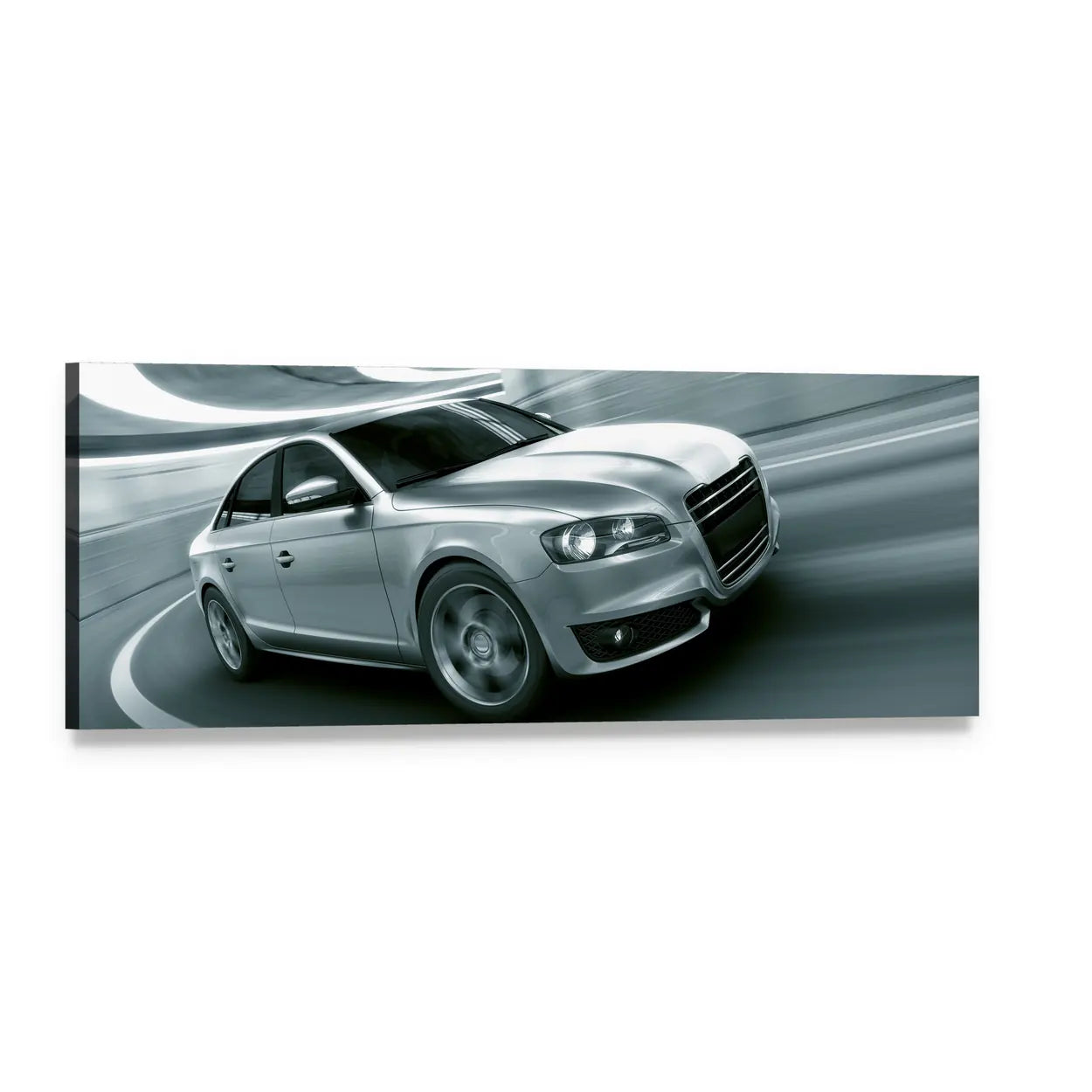 Silver Luxury Sedan in Tunnel Panoramic Canvas Wall Art, single panel gallery wrapped canvas, angled product view