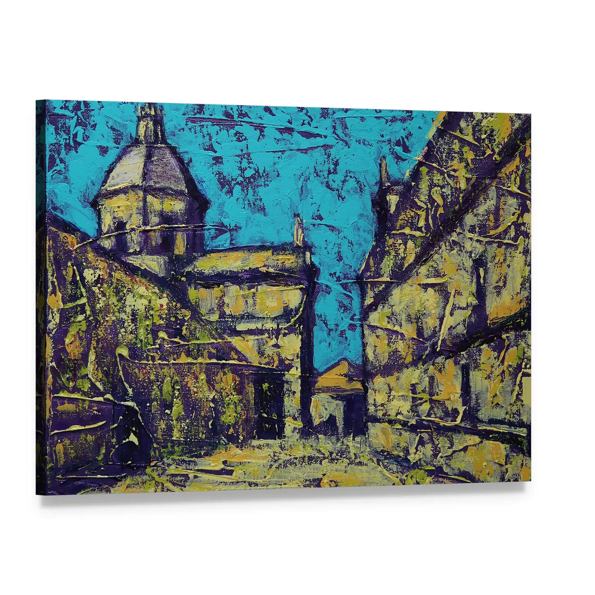 Church in Salamanca Street Scene Canvas Wall Art, single panel gallery wrapped canvas, angled product view