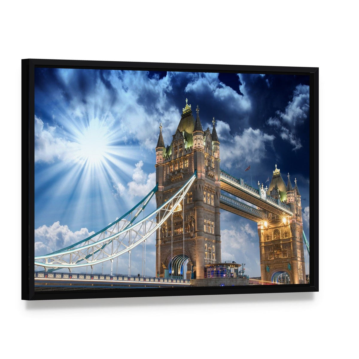 Tower Bridge at Sunset Canvas Wall Art, framed canvas in a black floater frame, angled product view
