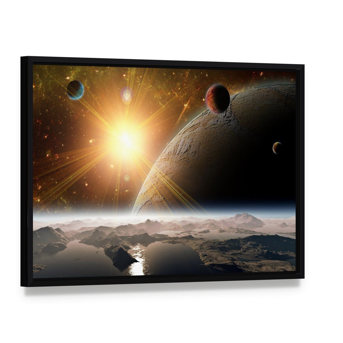 View of Planet Moons and Universe Canvas Wall Art, framed canvas in a black floater frame, angled product view