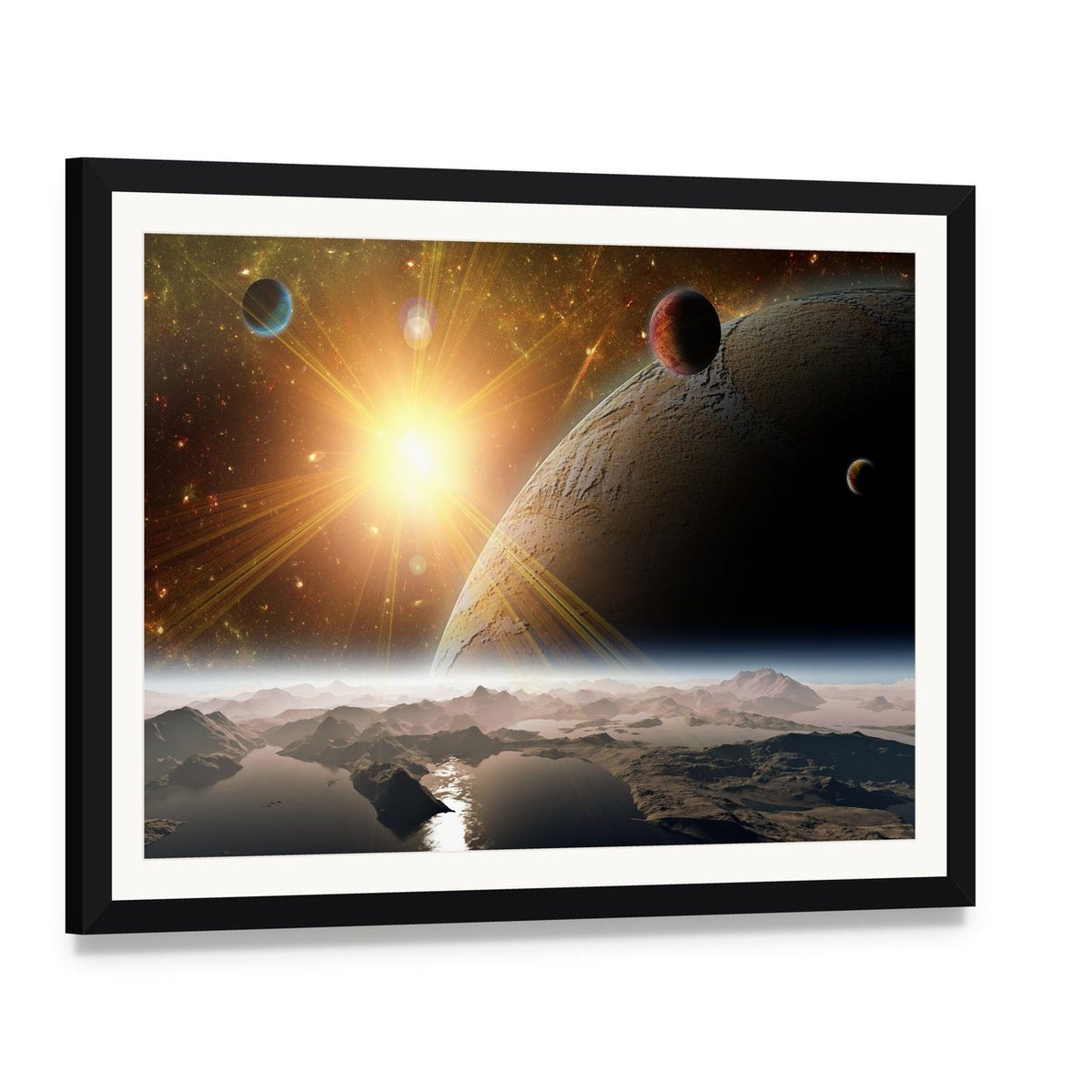 View of Planet Moons and Universe Canvas Wall Art, framed print with white mat and black frame, angled product view