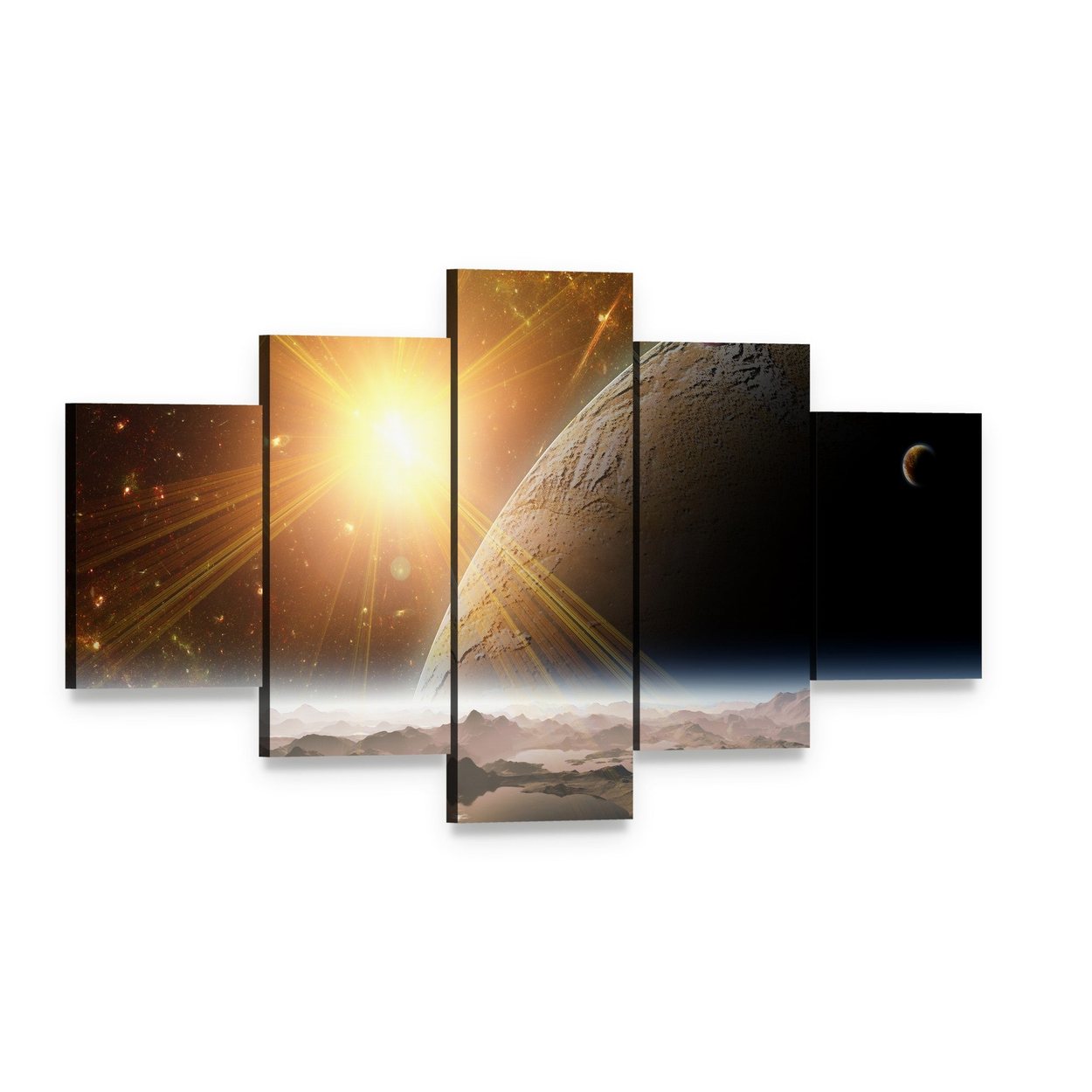 View of Planet Moons and Universe Canvas Wall Art, 5 panel 5 Star layout gallery wrapped canvas set, angled product view