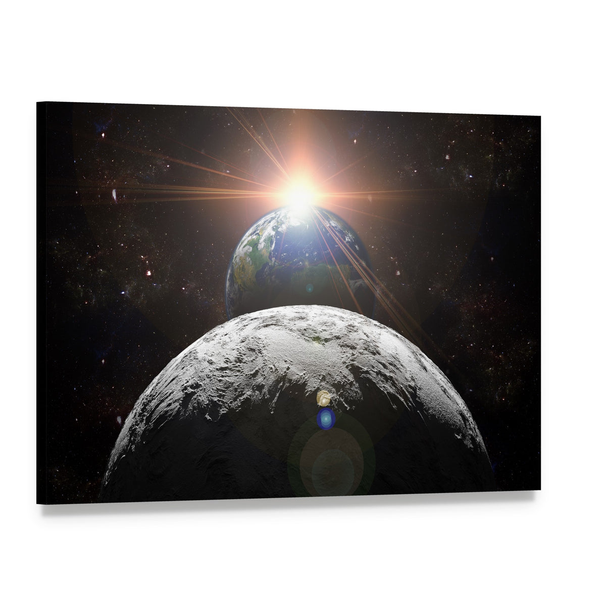 Earth, Moon, and Rising Sun Canvas Wall Art, single panel gallery wrapped canvas, angled product view