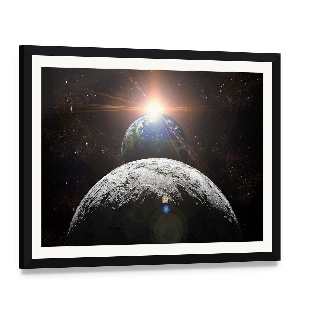 Earth, Moon, and Rising Sun Canvas Wall Art, framed print with white mat and black frame, angled product view