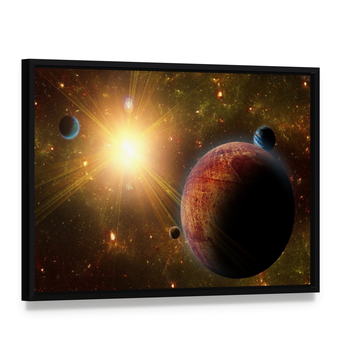 View of Planet Moons and the Universe Canvas Wall Art, framed canvas in a black floater frame, angled product view