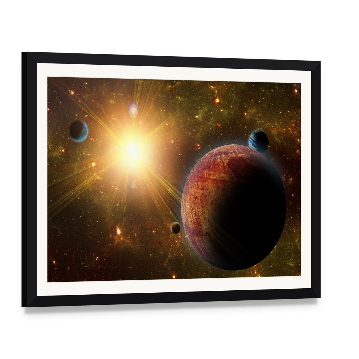 View of Planet Moons and the Universe Canvas Wall Art, framed print with white mat and black frame, angled product view