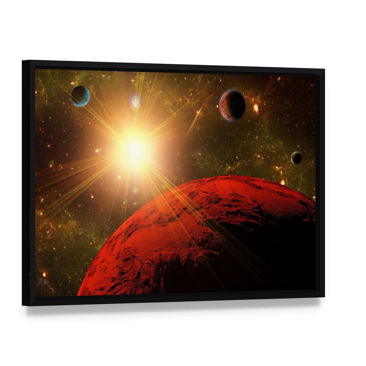 View of Planet Moons and the Deep Space Canvas Wall Art, framed canvas in a black floater frame, angled product view