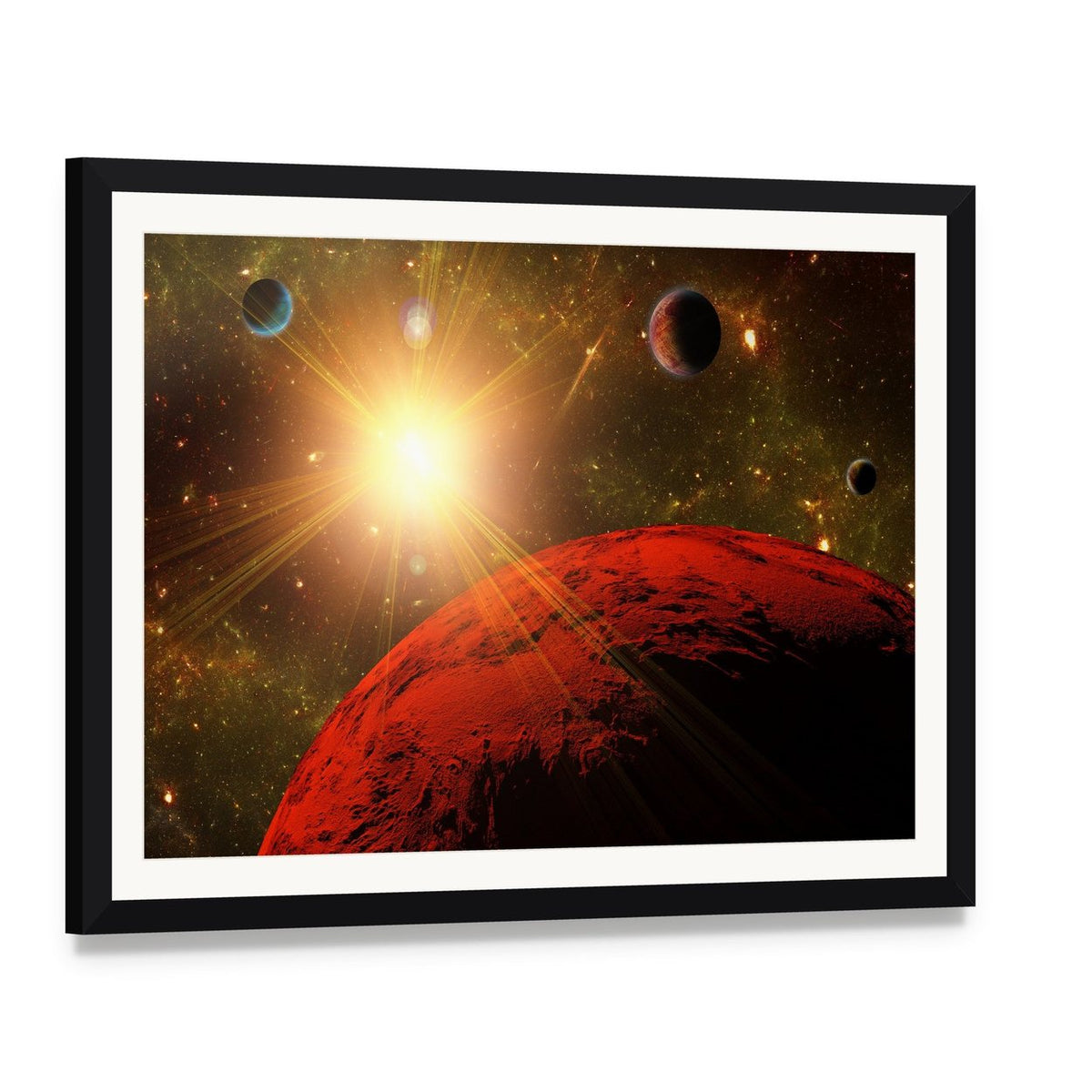 View of Planet Moons and the Deep Space Canvas Wall Art, framed print with white mat and black frame, angled product view