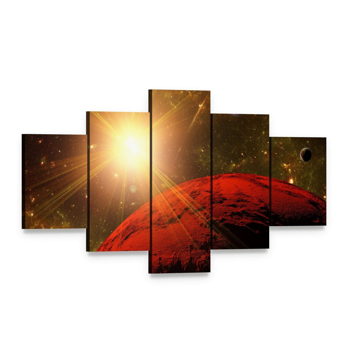 View of Planet Moons and the Deep Space Canvas Wall Art, 5 panel 5 Star layout gallery wrapped canvas set, angled product view