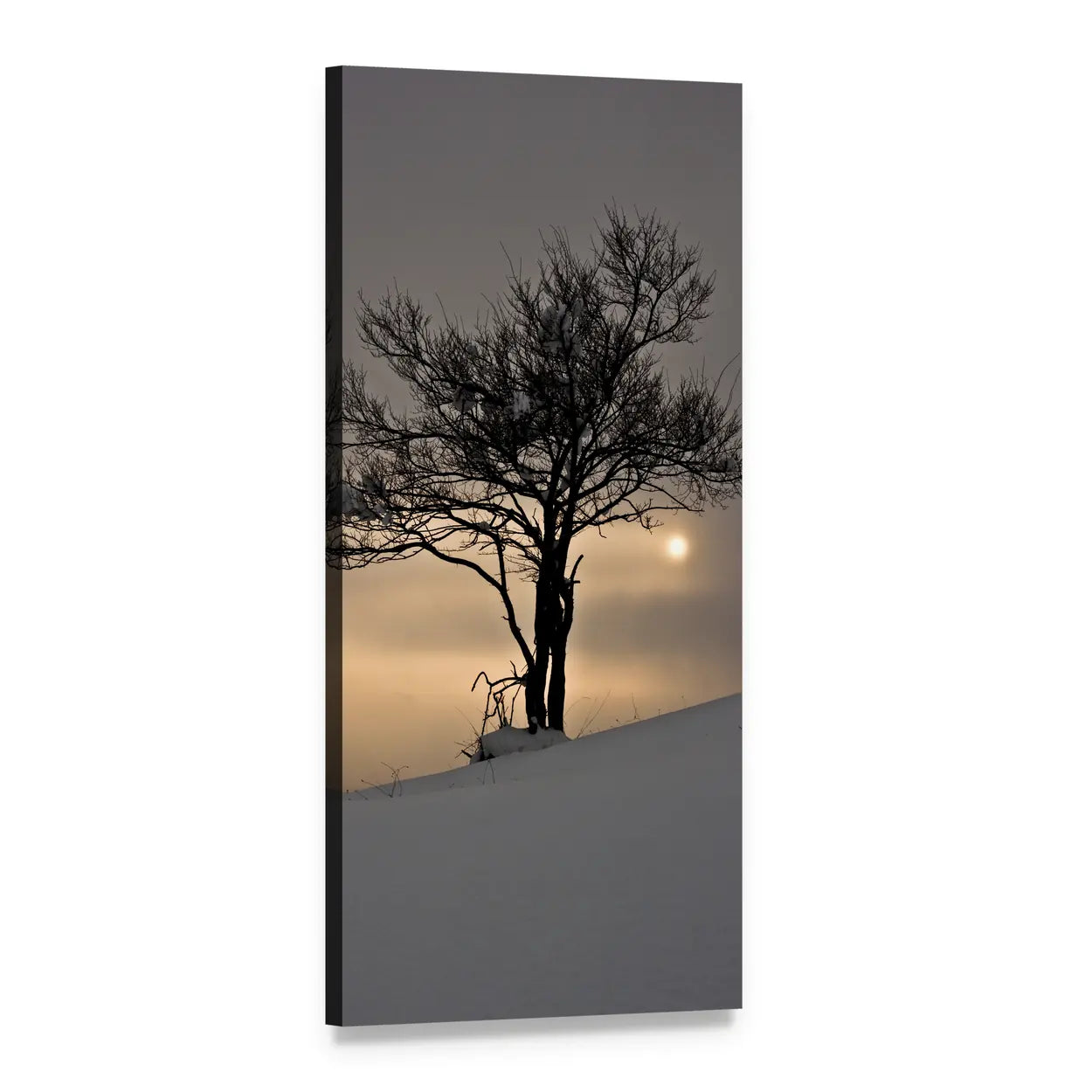 Lone Tree on Snowy Hill at Sunrise Vertical Canvas Wall Art, 1 panel 1 Vertical layout gallery wrapped canvas set, angled product view