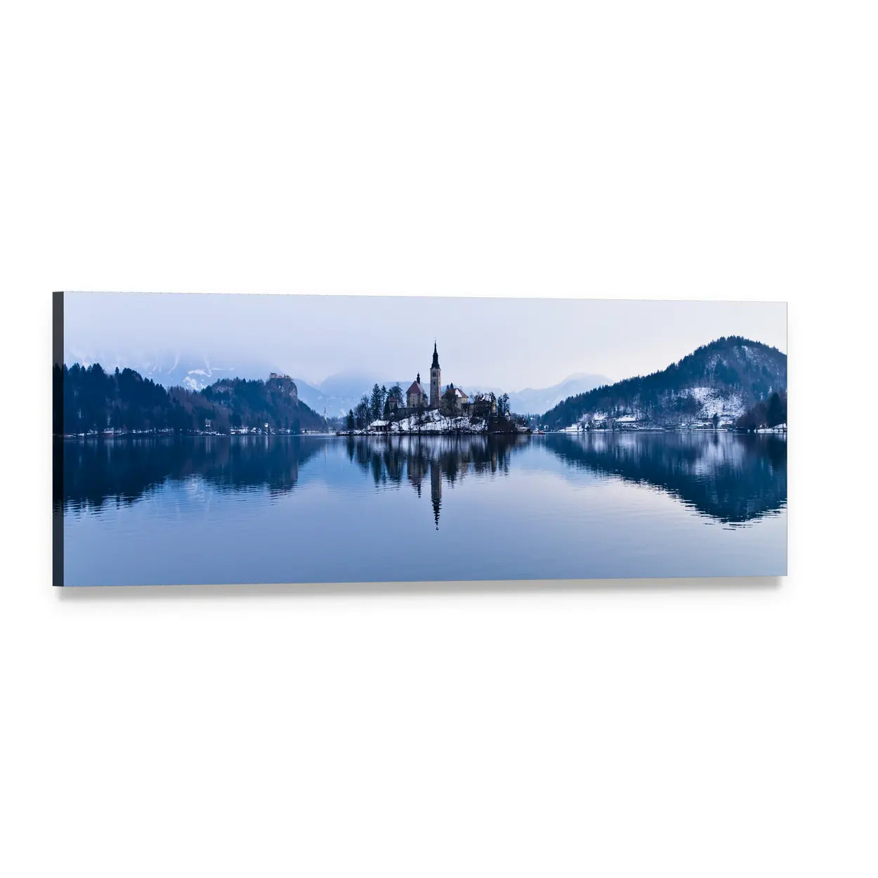 Lake Bled Island Church Panoramic Canvas Wall Art, single panel gallery wrapped canvas, angled product view