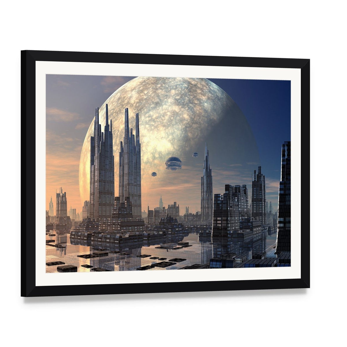 Futuristic Alien City on Water Canvas Wall Art, framed print with white mat and black frame, angled product view