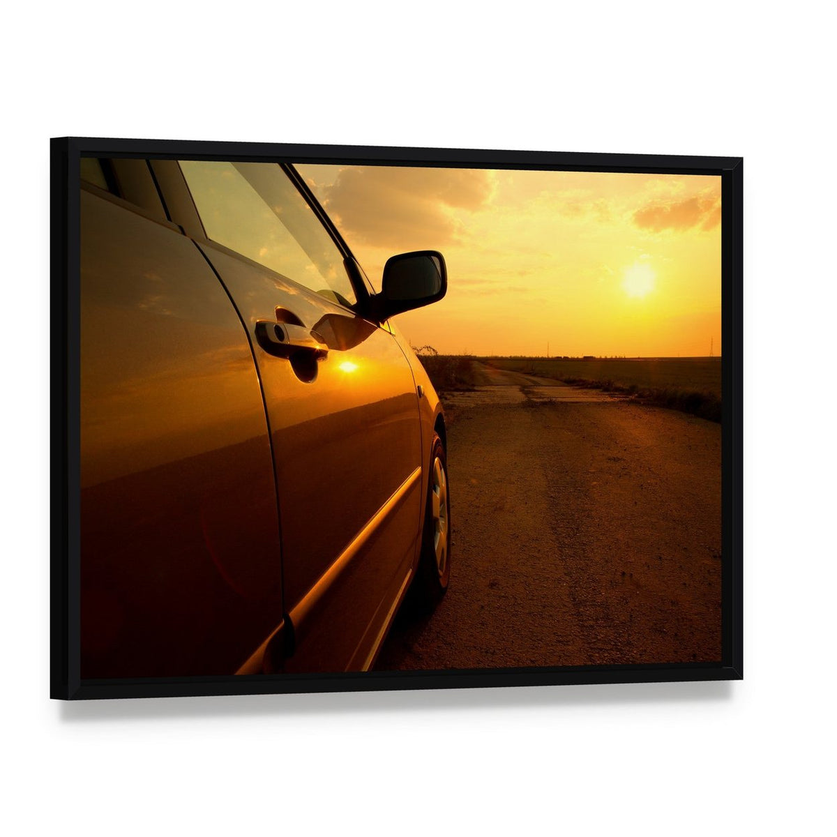 Car in the Sunset Canvas Wall Art, framed canvas in a black floater frame, angled product view