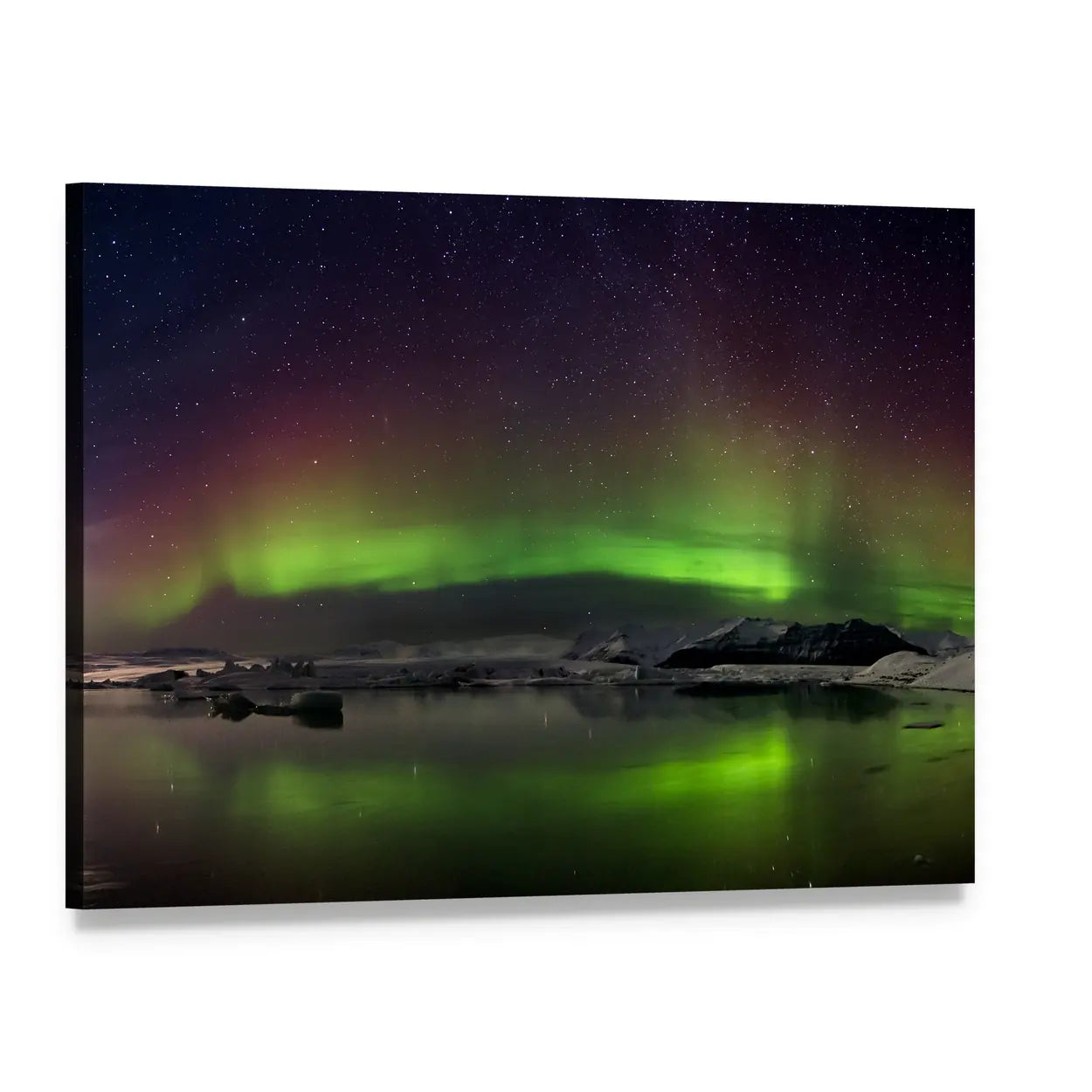 Aurora Borealis Over Icy Lake Canvas Wall Art, single panel gallery wrapped canvas, angled product view