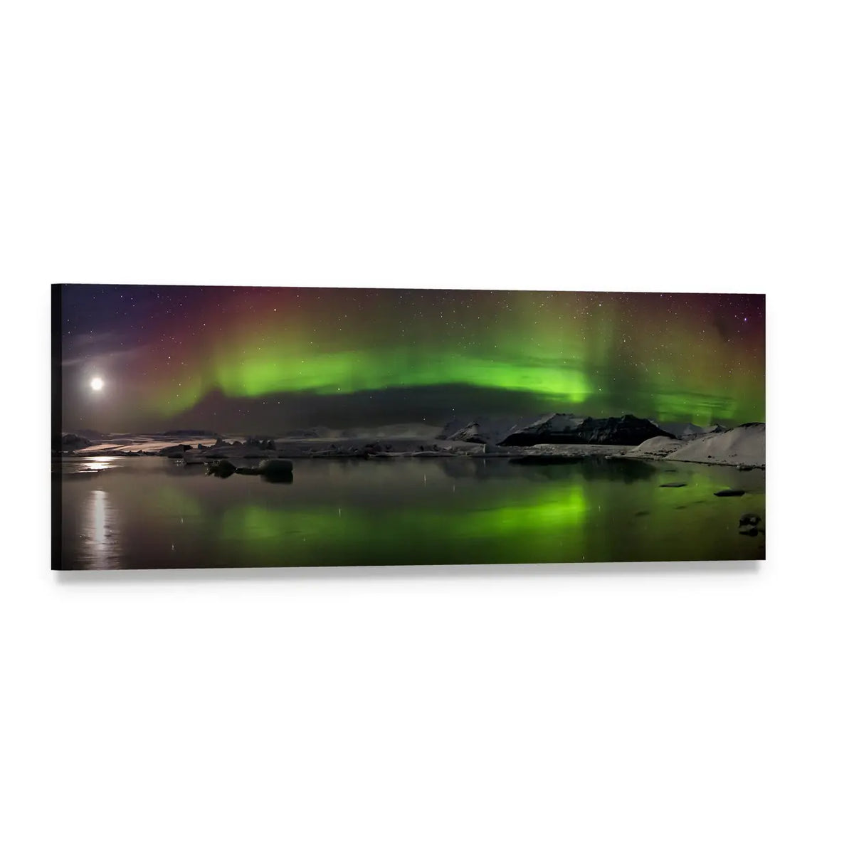 Aurora Polaris Over Snowy Lake Panoramic Canvas Wall Art, single panel gallery wrapped canvas, angled product view