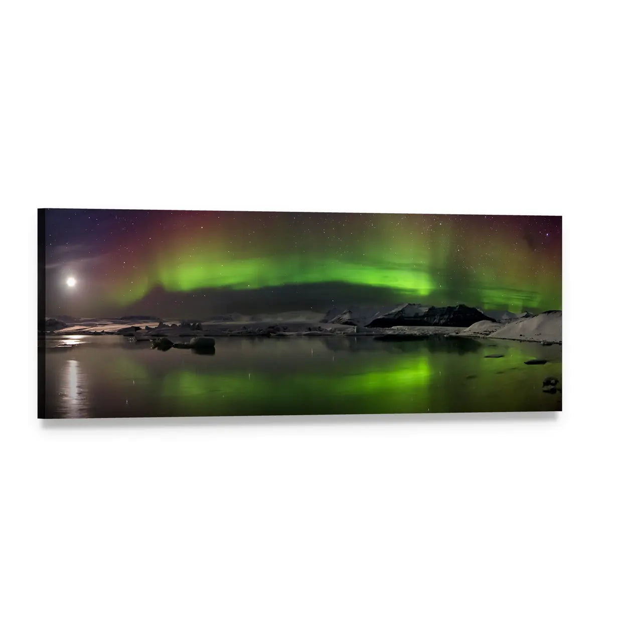 Aurora Polaris Over Snowy Lake Panoramic Canvas Wall Art, single panel gallery wrapped canvas, angled product view