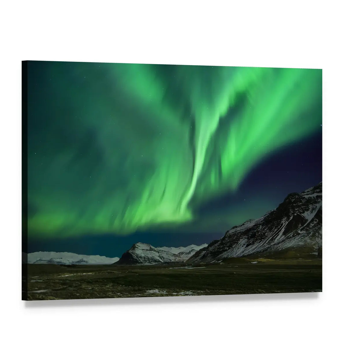 Aurora Polaris Over Snow-capped Mountains Canvas Wall Art, single panel gallery wrapped canvas, angled product view