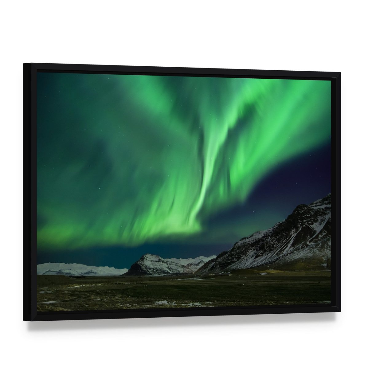 Aurora Polaris Above Mountains Canvas Wall Art, framed canvas in a black floater frame, angled product view