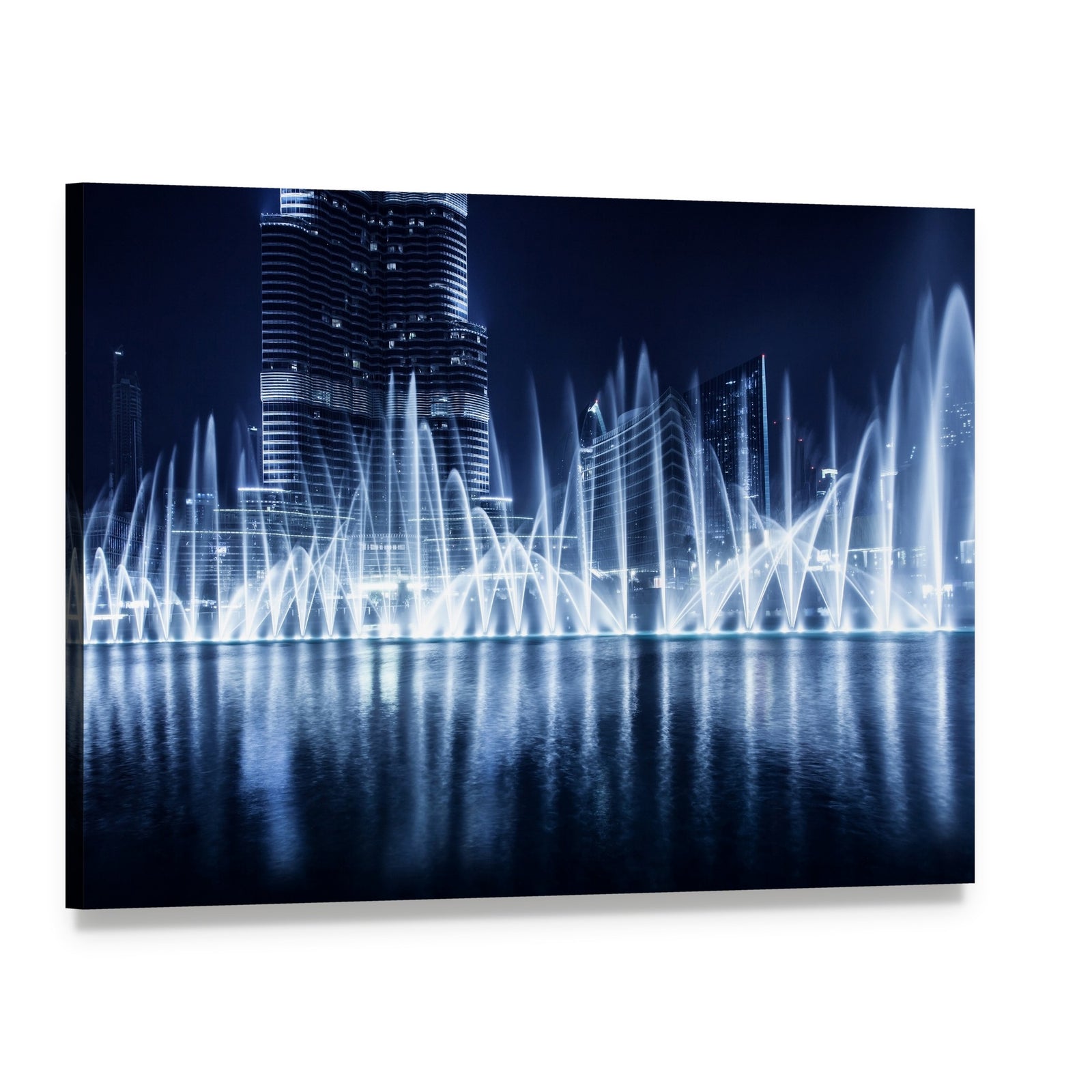 Dancing Fountains Under City Lights Canvas Wall Art, single panel gallery wrapped canvas, angled product view