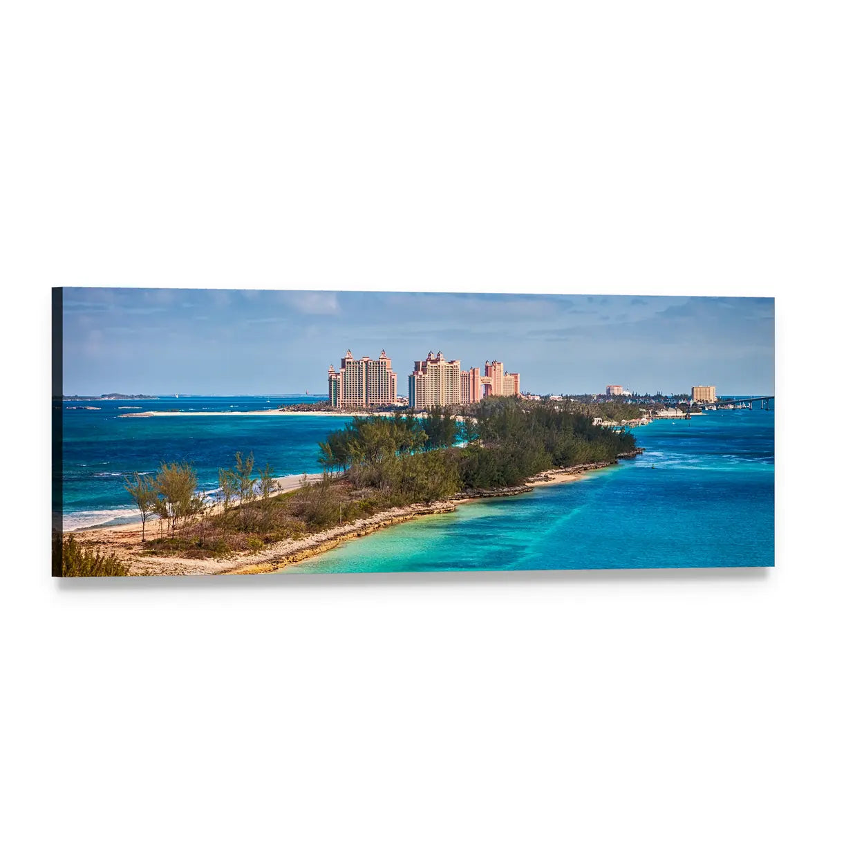 Paradise Island Beach in Nassau Panoramic Canvas Wall Art, single panel gallery wrapped canvas, angled product view