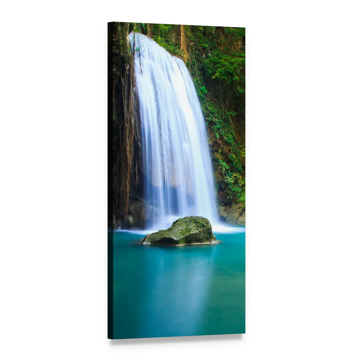 Forest Waterfall with Turquoise Pool Vertical Canvas Wall Art, 1 panel 1 Vertical layout gallery wrapped canvas set, angled product view