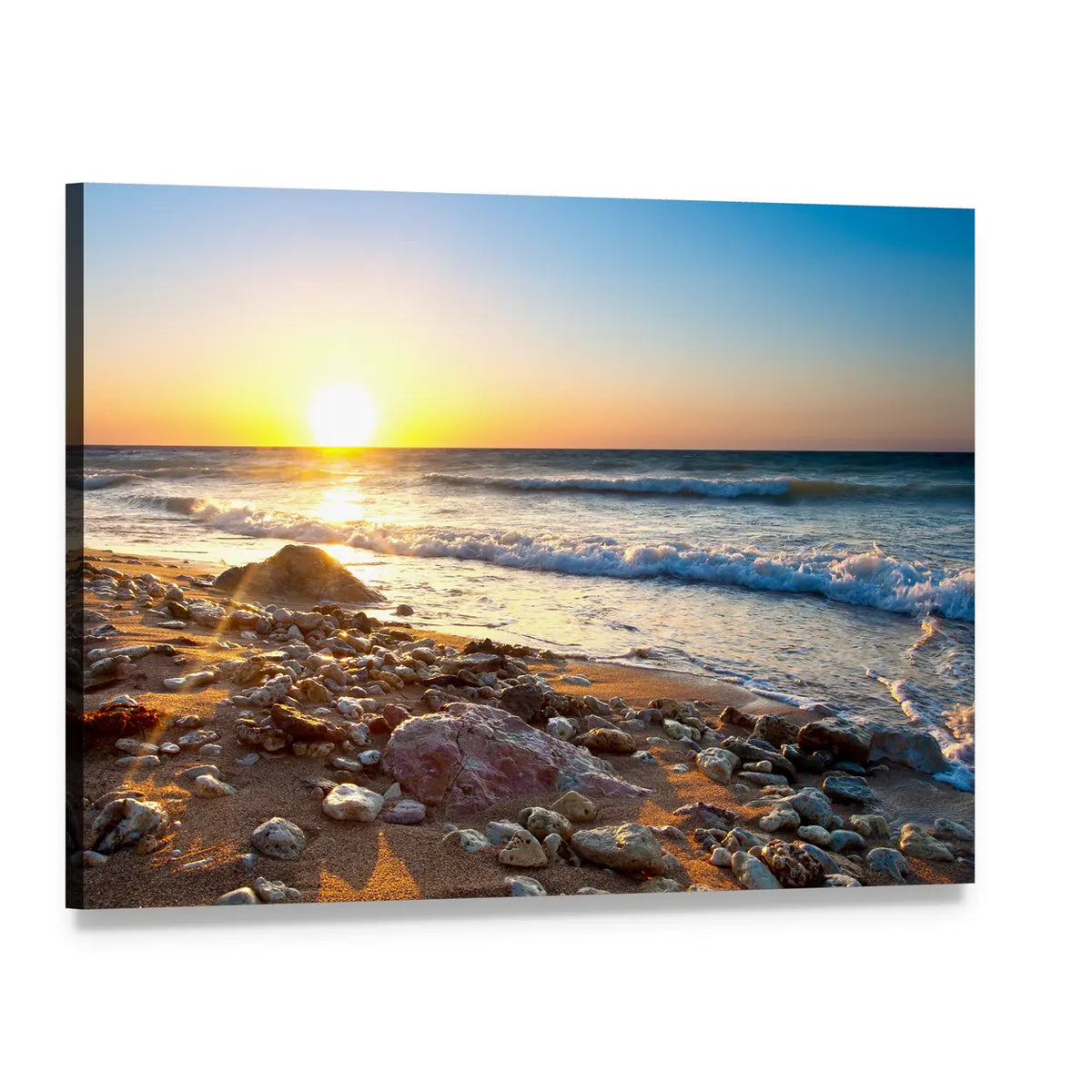 Sunset Seascape with Pebble Shore Canvas Wall Art, single panel gallery wrapped canvas, angled product view