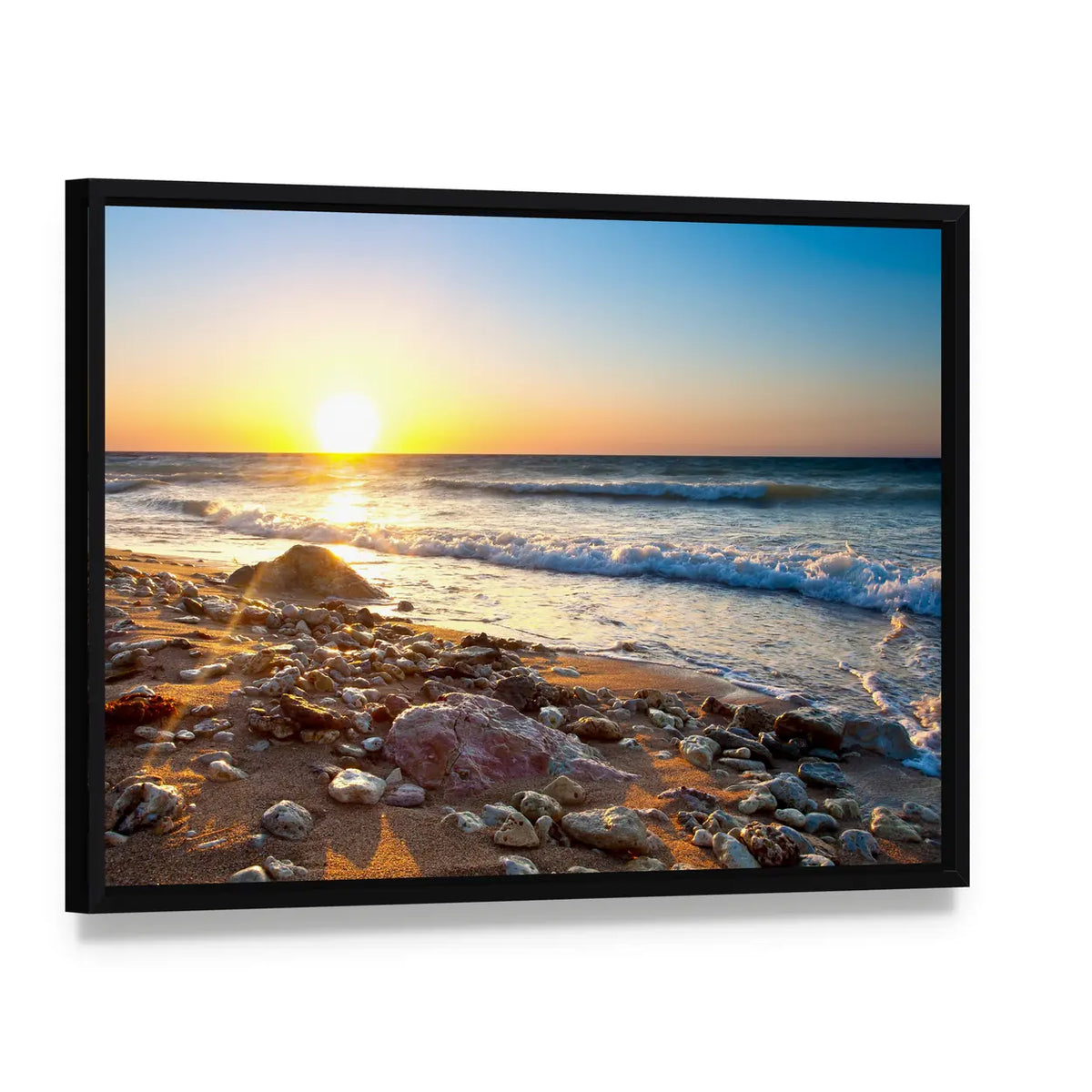 Sunset Seascape with Pebble Shore Canvas Wall Art, framed canvas in a black floater frame, angled product view